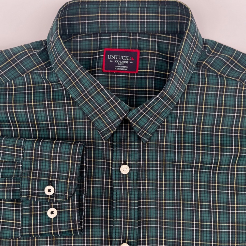 UNTUCKit Mens XXL Slim Fit Green Plaid Long Sleeve Button Down Shirt Polyester